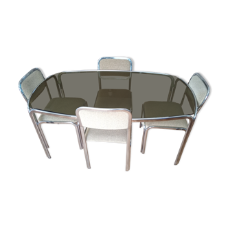 Table and 4 70s chairs chrome base and smoked glass tray chairs green water fabric