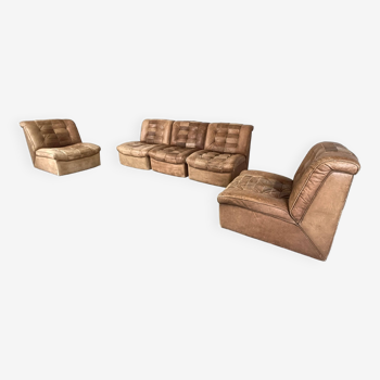 Canapé modulable vintage en cuir patchwork marron, 1970