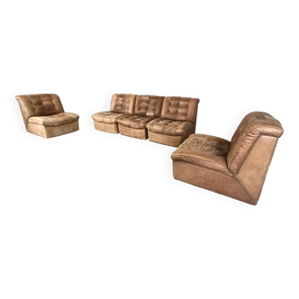 Vintage brown patchwork leather modular sofa, 1970s