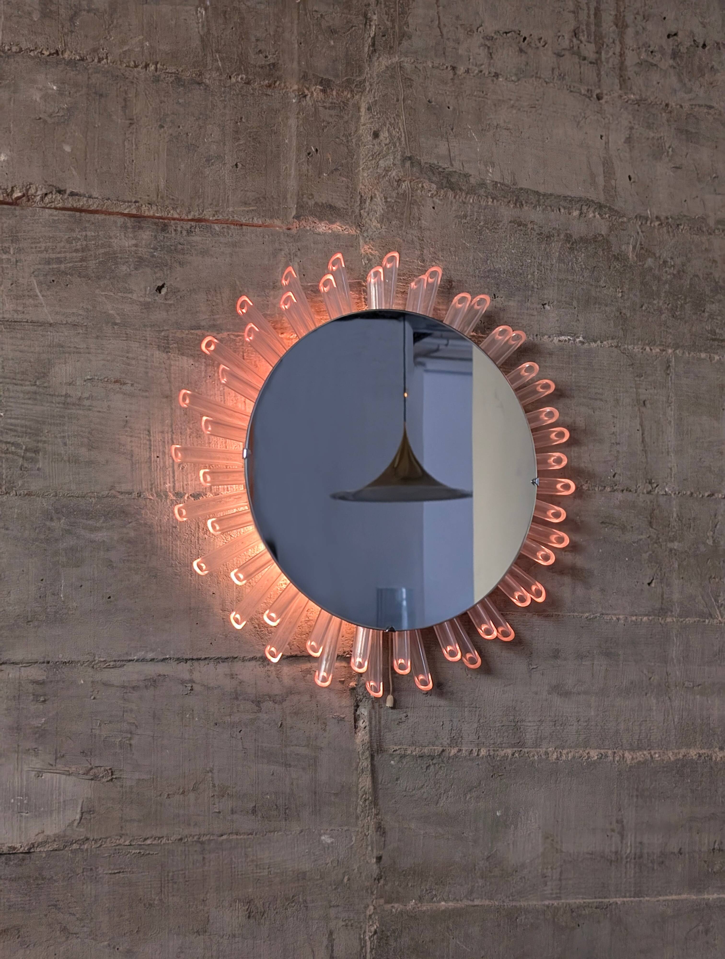Mid-Century Modern Sunburst Mirror Wall Lamp in Lucite with Pink Glow, 1970