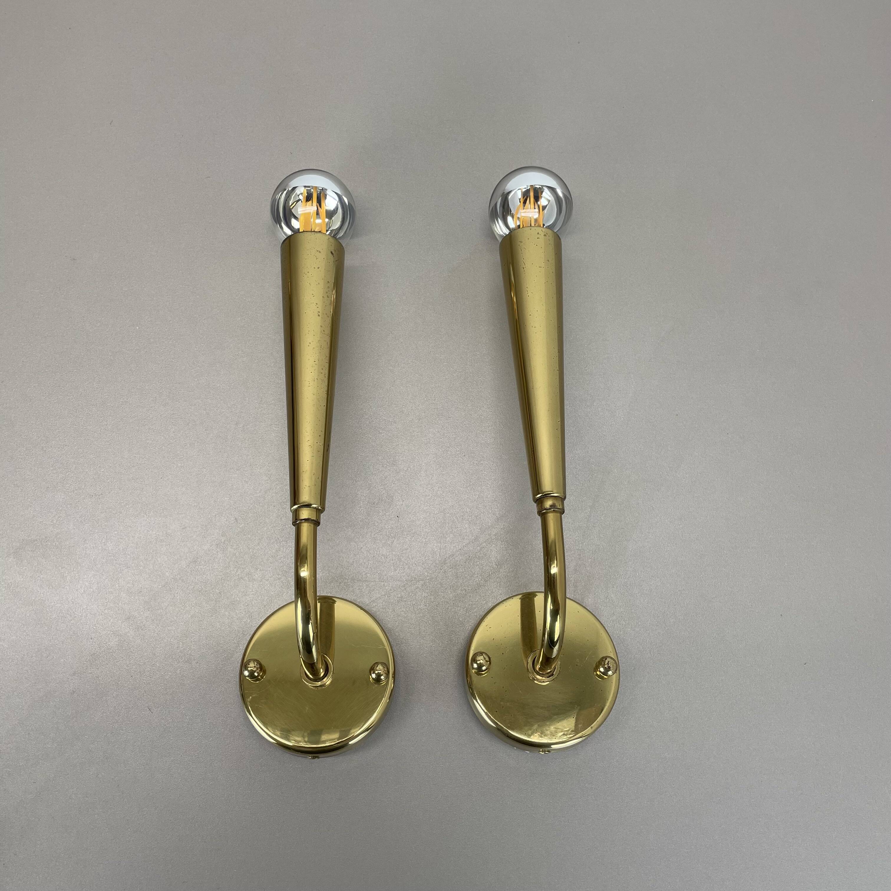 set of 2 Brass "TORCH" Stilnovo Style Theatre Wall Light Sconces, Italy, 1970s