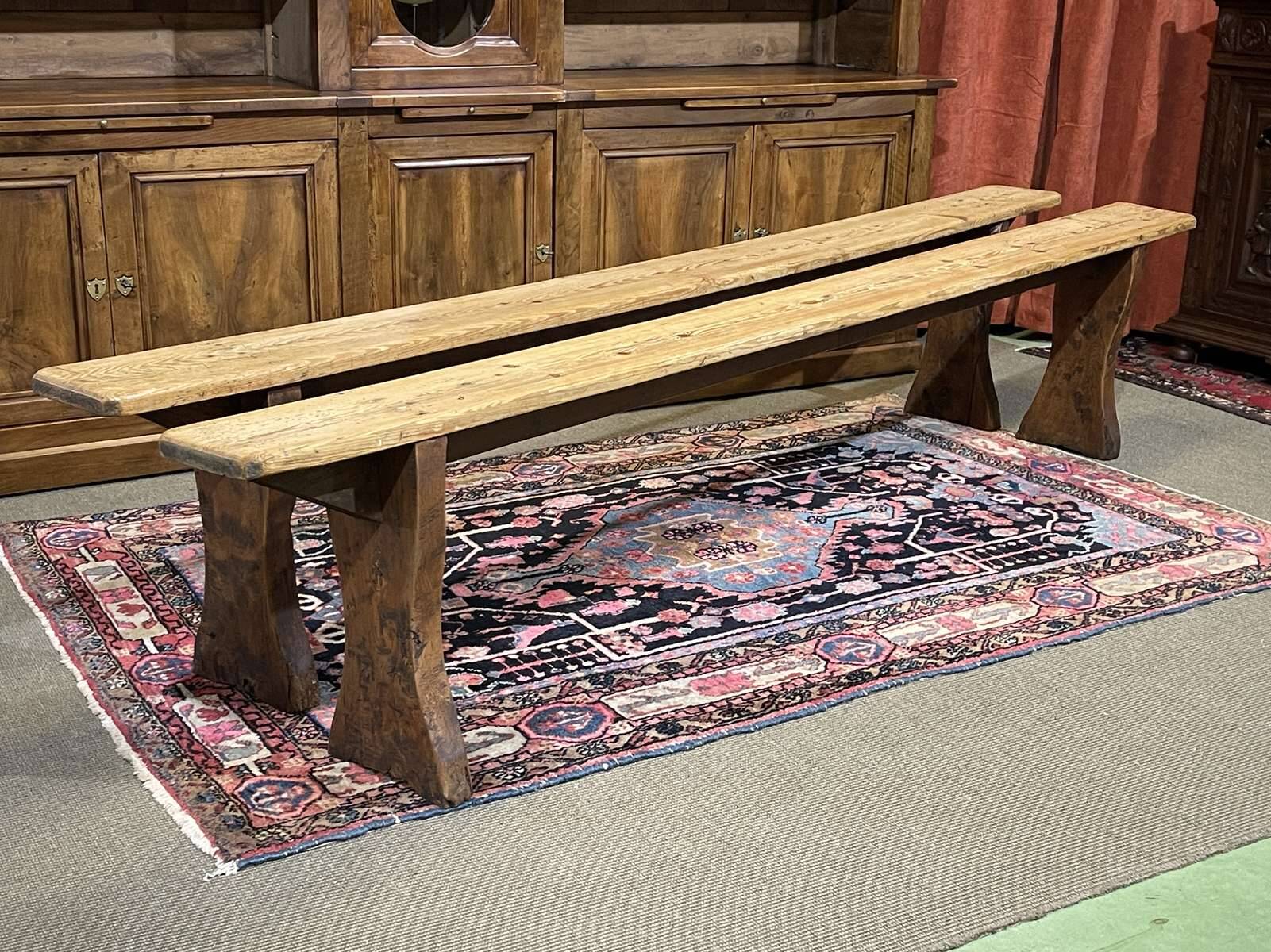 Pair of farmhouse table benches in fir from the early 20th century.