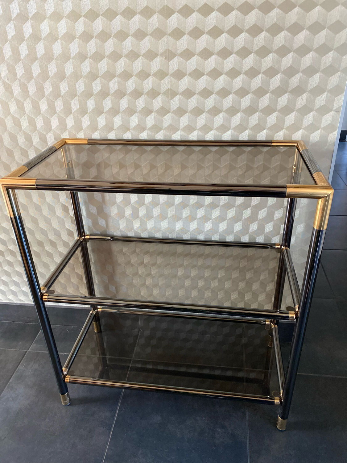 Console shelf smoked glass aluminum and brass
