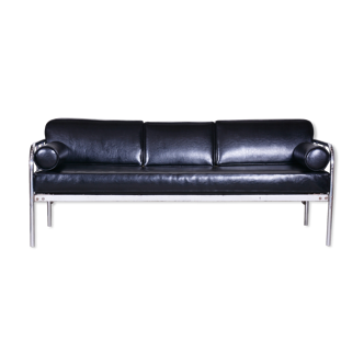 Black leather sofa made in 1930s Czechia by Vichr & Co. - Fully restored