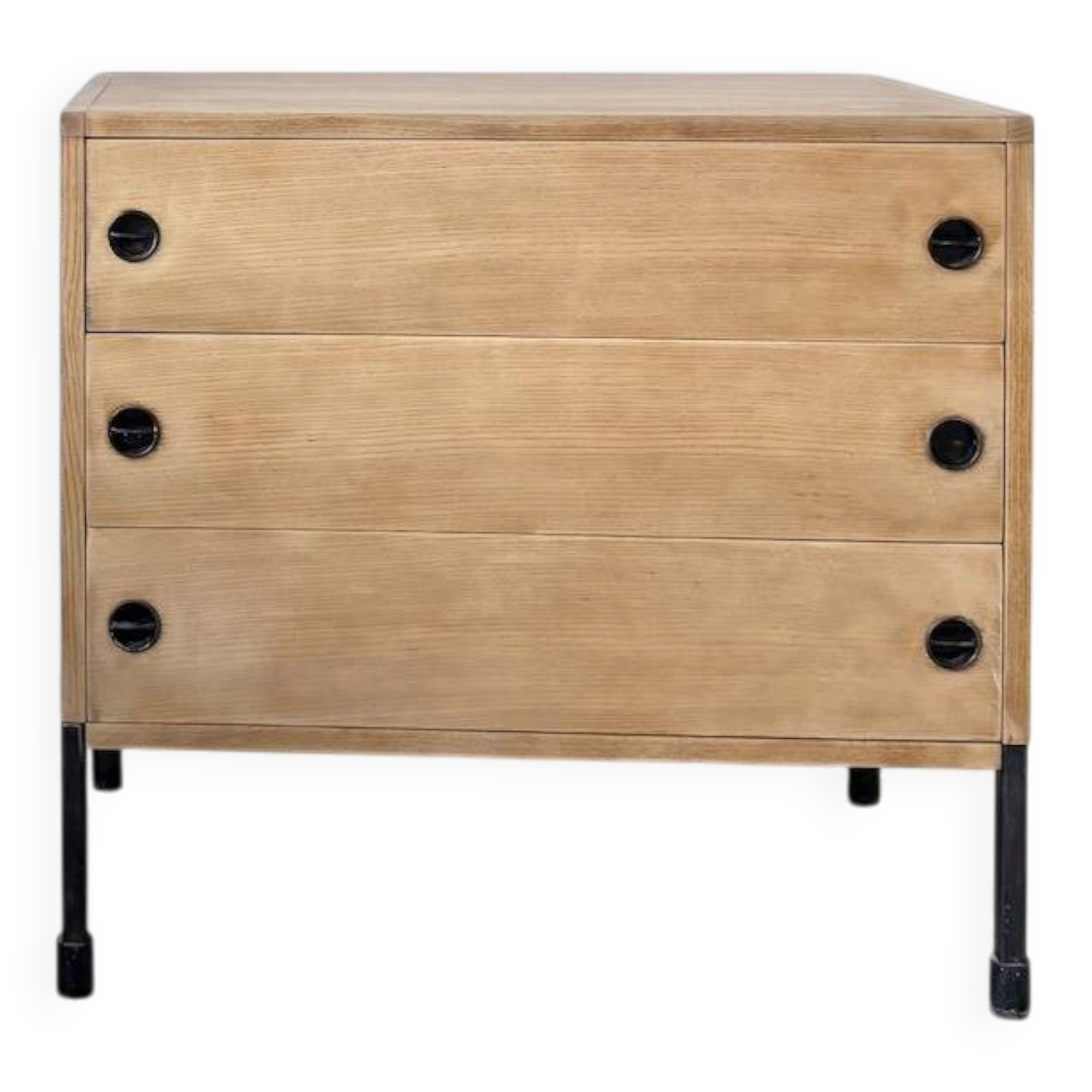 Three-drawer commode ARP — Minvielle, oak and lacquered metal, France, years