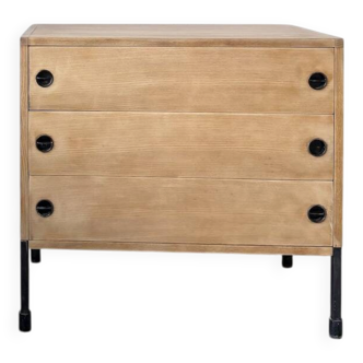 Three-drawer commode ARP — Minvielle, oak and lacquered metal, France, years