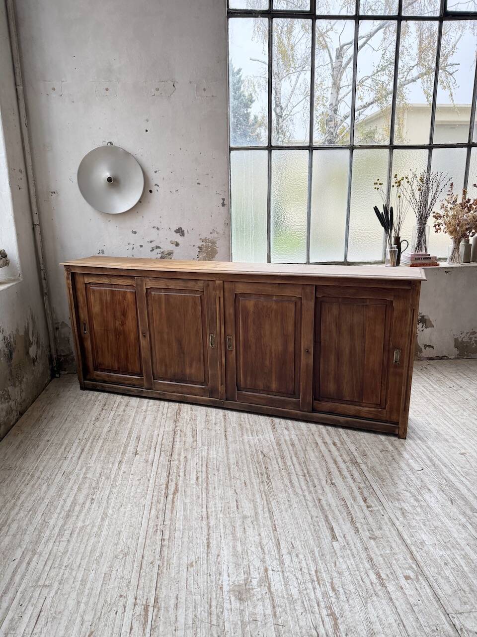 XL oak workshop sideboard with sliding doors from 1900