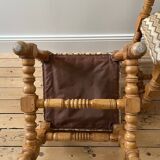 Pair of wooden chairs with herringbone fabric
