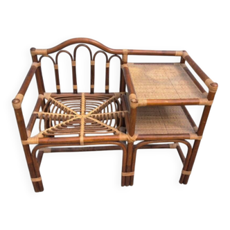 Fauteuil et son meuble téléphone en rotin années 70
