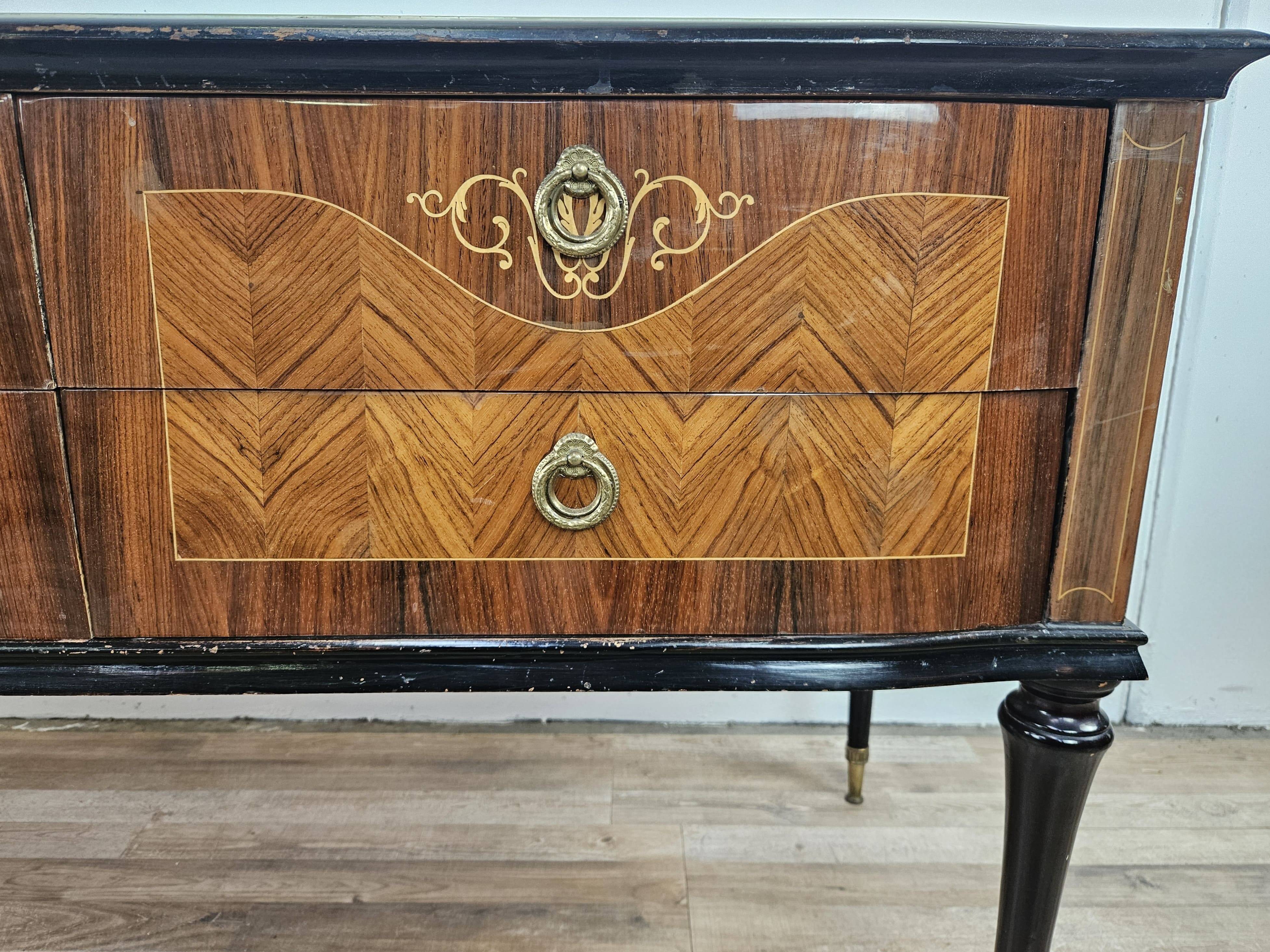 1960s bedroom dresser with six drawers and glass top