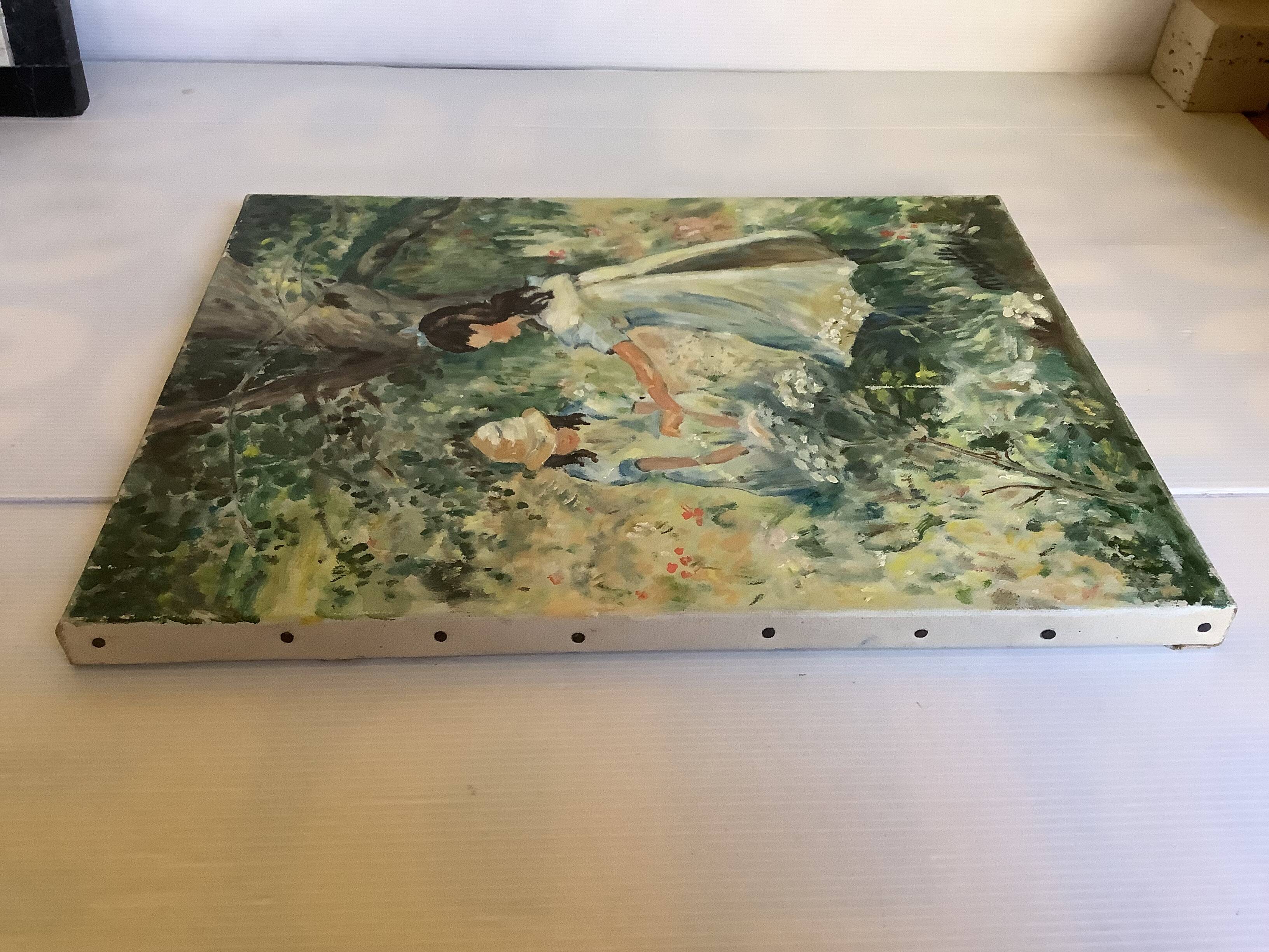 Painting of young girls in the garden, oil on canvas, signed