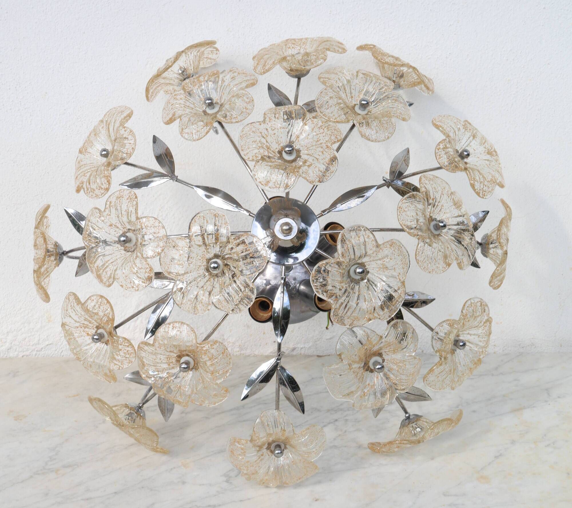 Wonderful Gold and Transparent Murano Glass Ceiling Light Flower