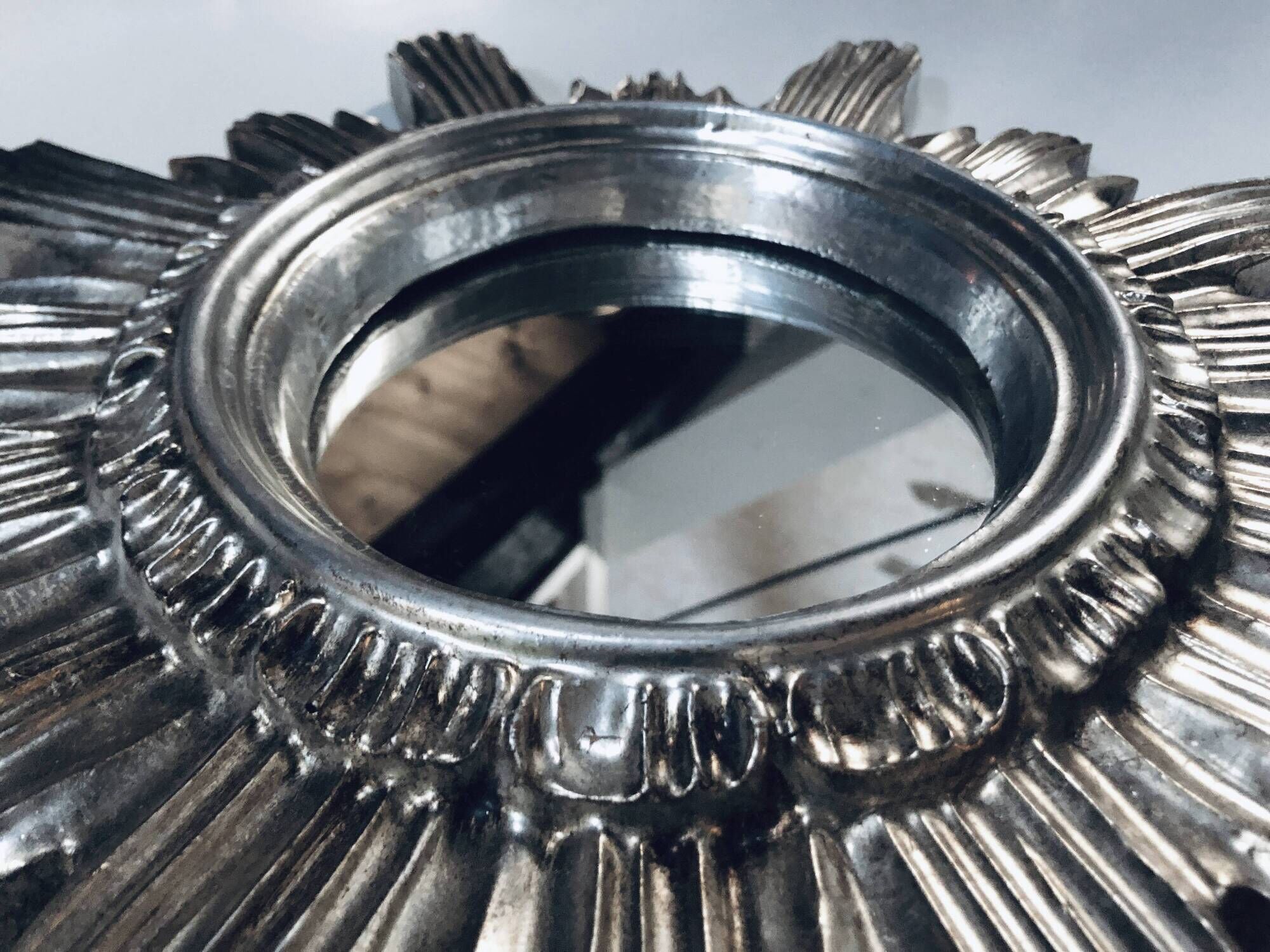 Wall Sun Mirror • Large Model • Carved Wood • Silver • 1960-70