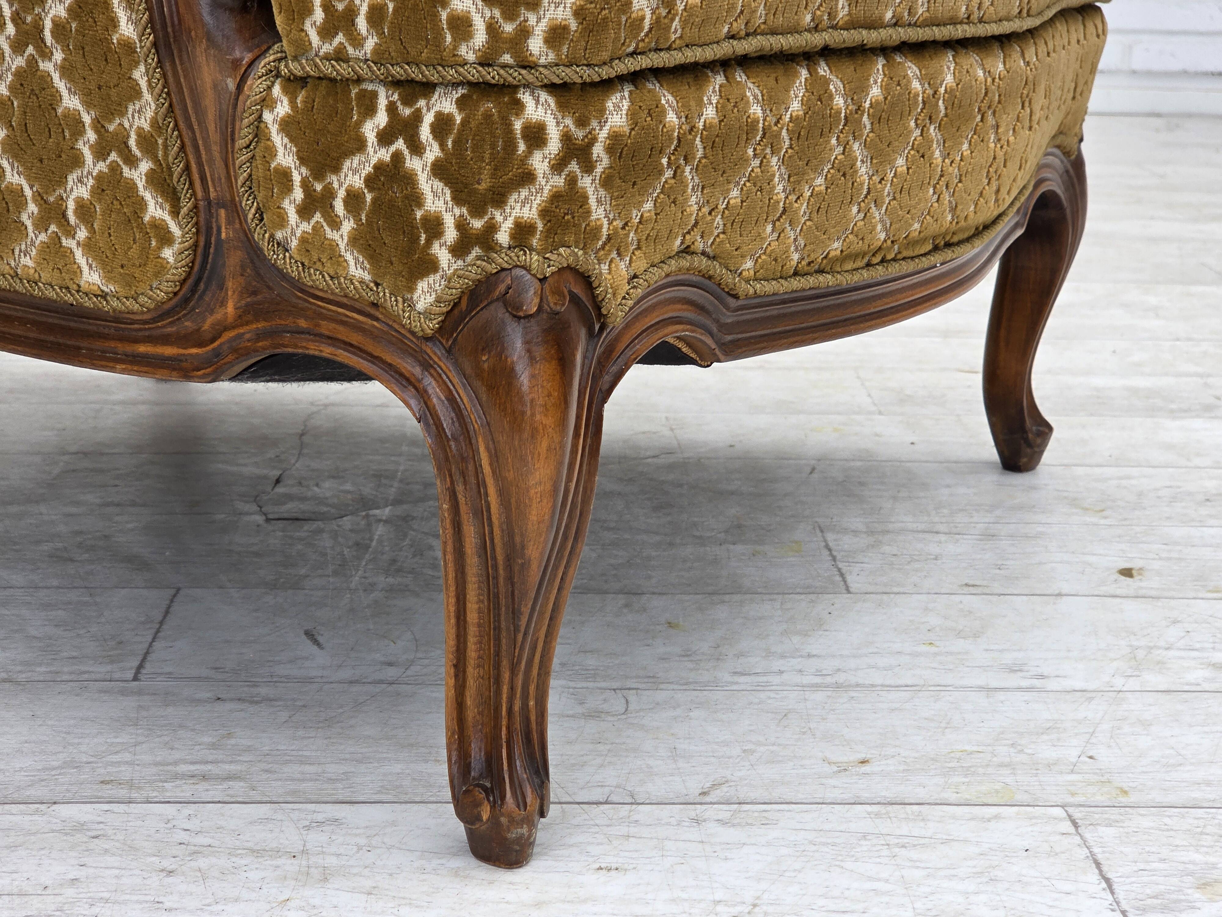 1950s, Danish relax chair, furniture velour, carved ash wood.