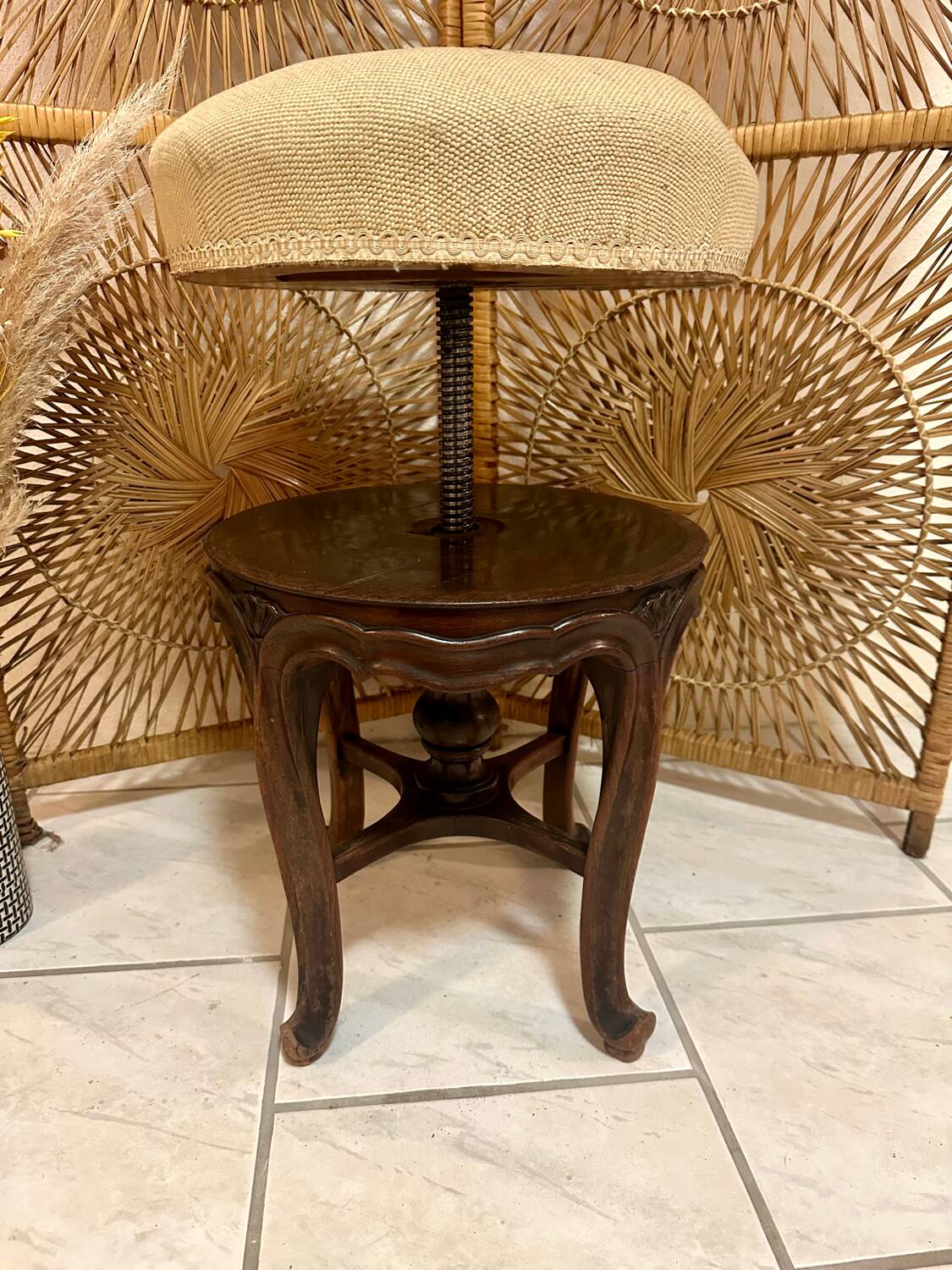 Antique Napoleon III adjustable piano stool and canvas