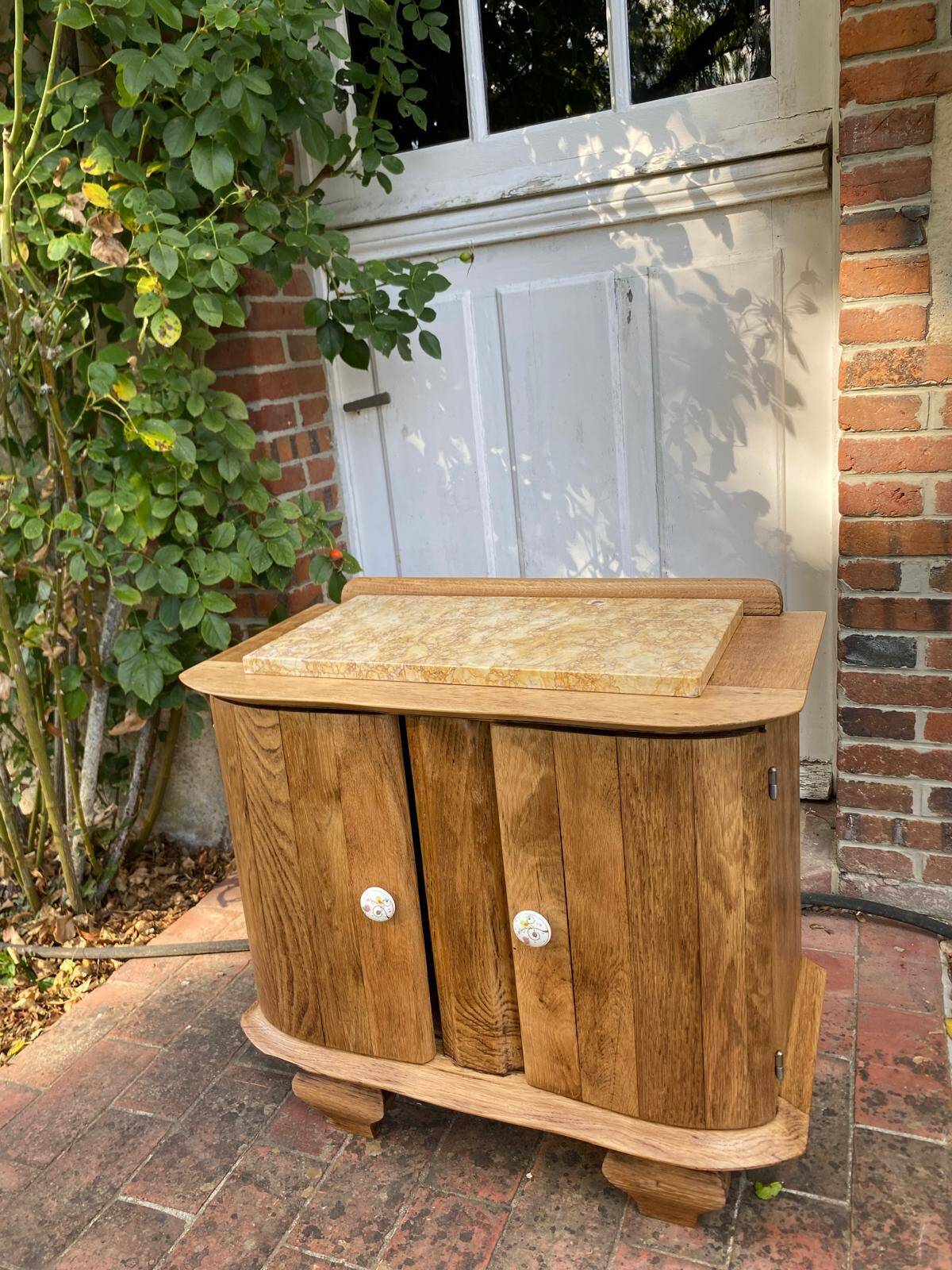 Small accent table / Art Deco bedside table in solid oak and beige marble