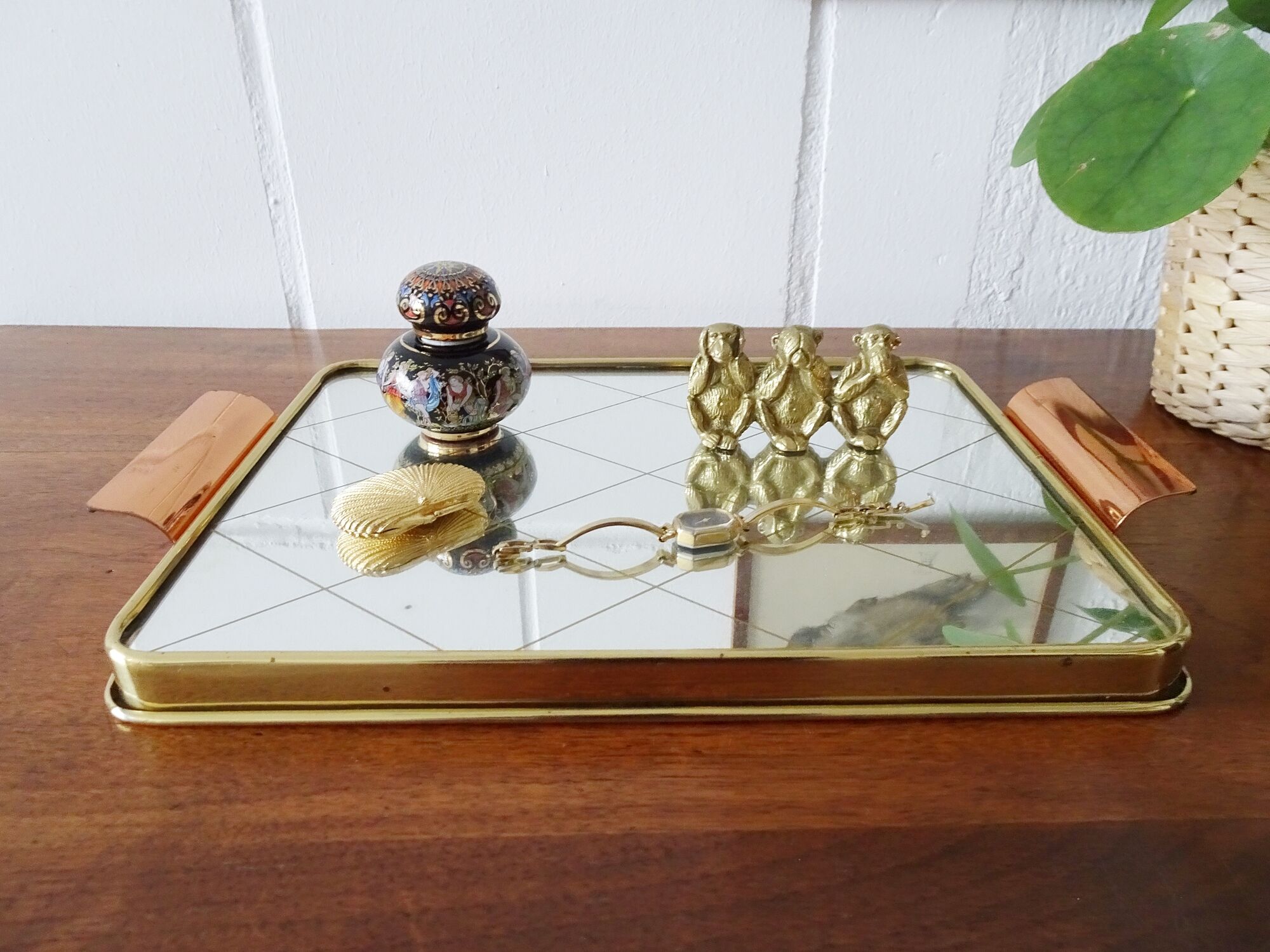 Mirror tray with diamond pattern made of brass and copper, 50