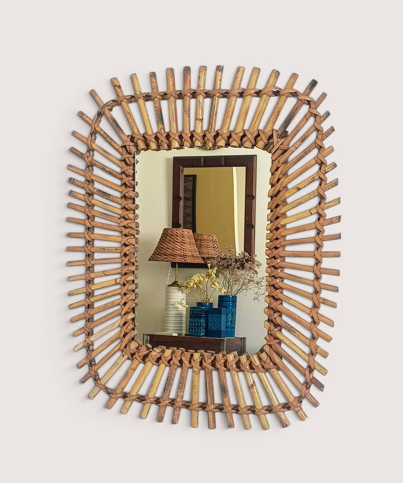 Bamboo And Rattan Midcentury French Riviera Italian Mirror, 1960s