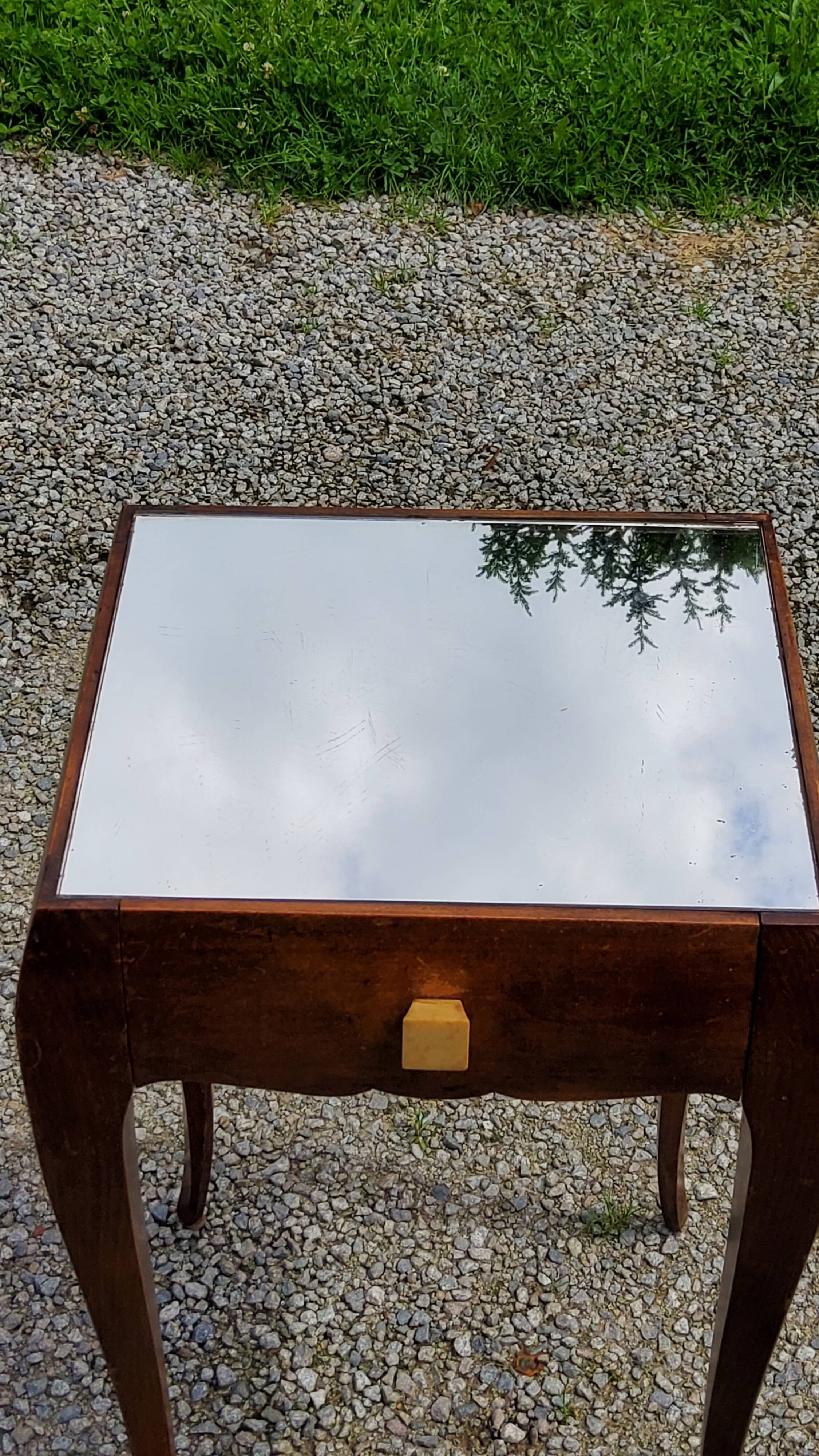 Vintage side table from the 30s/50s in beech and mirror top