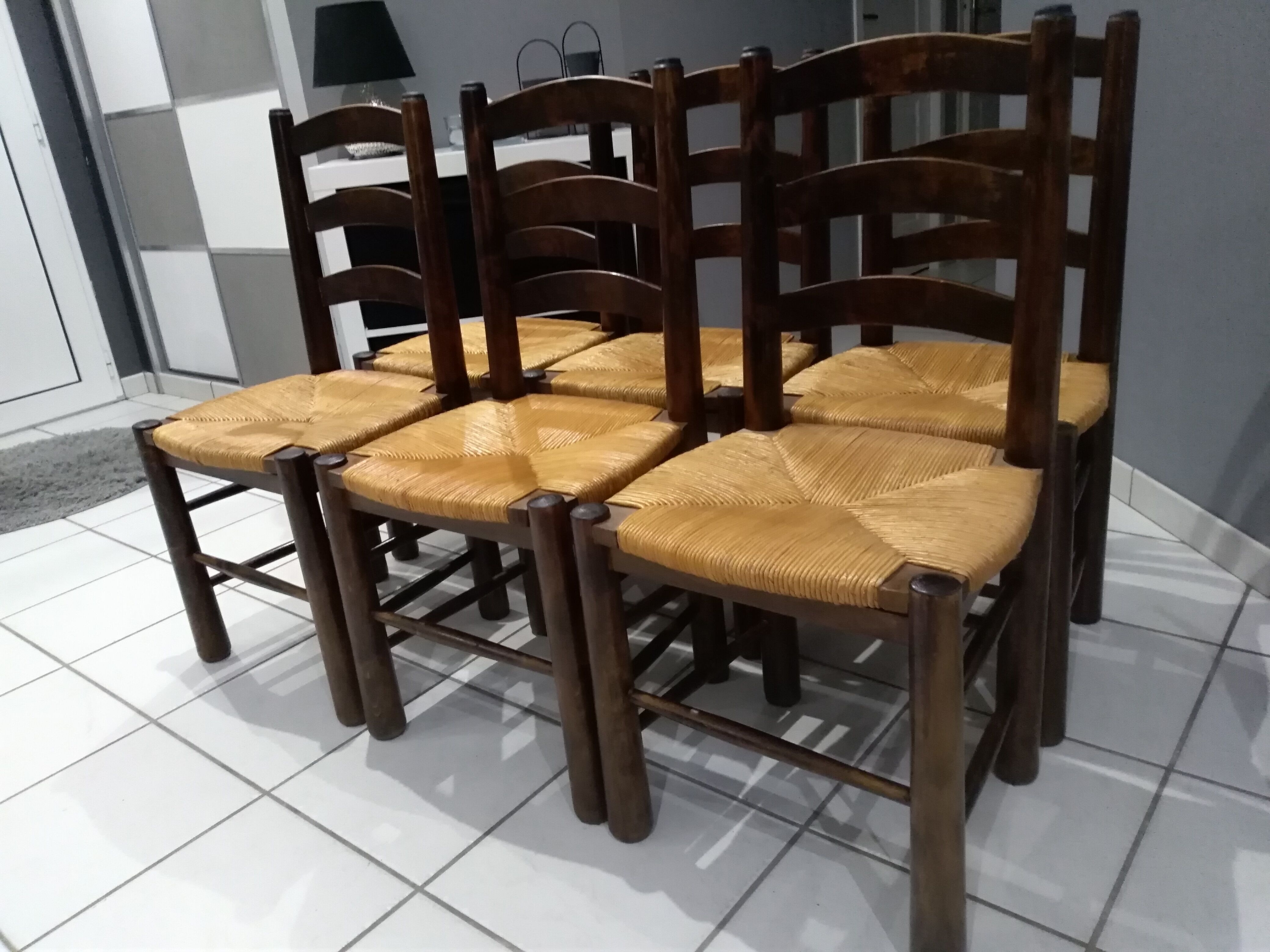 Suite of 6 brutalist straw chairs, 1940s
