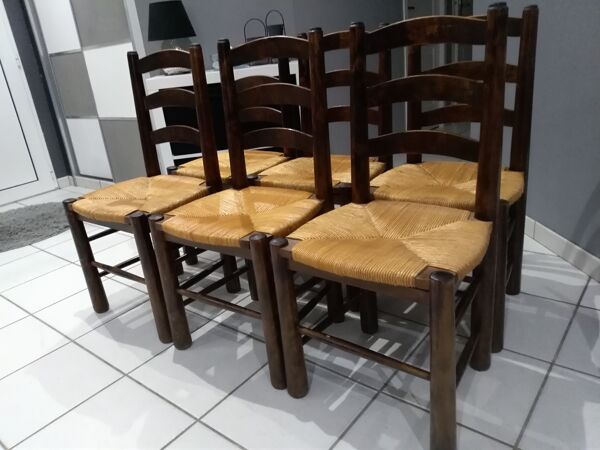Suite de 6 chaises paille Brutaliste années 1940
