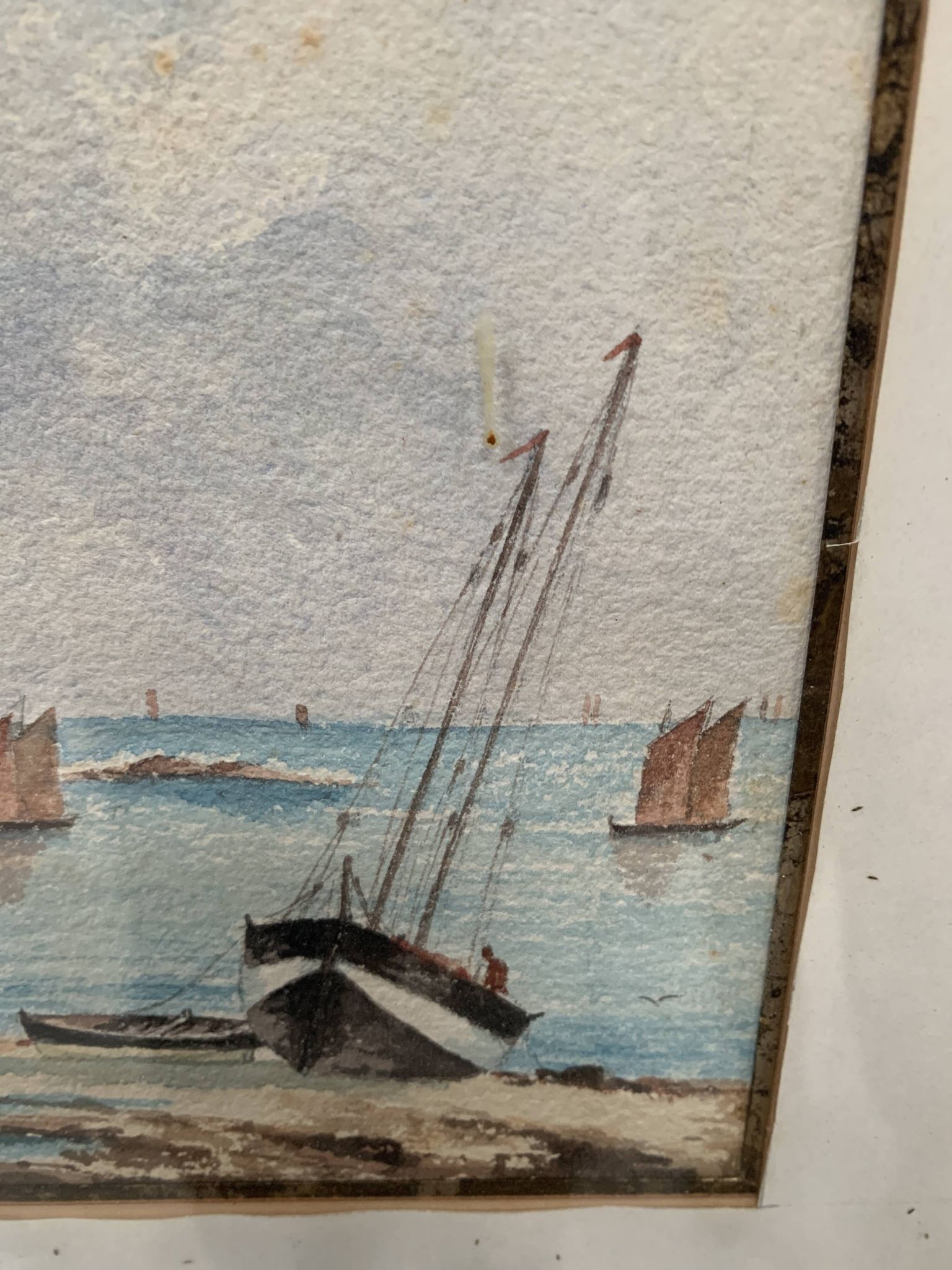 Marine watercolor "Sailboat at sea and stranded on the beach" 20th century