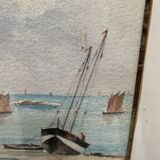 Marine watercolor "Sailboat at sea and stranded on the beach" 20th century