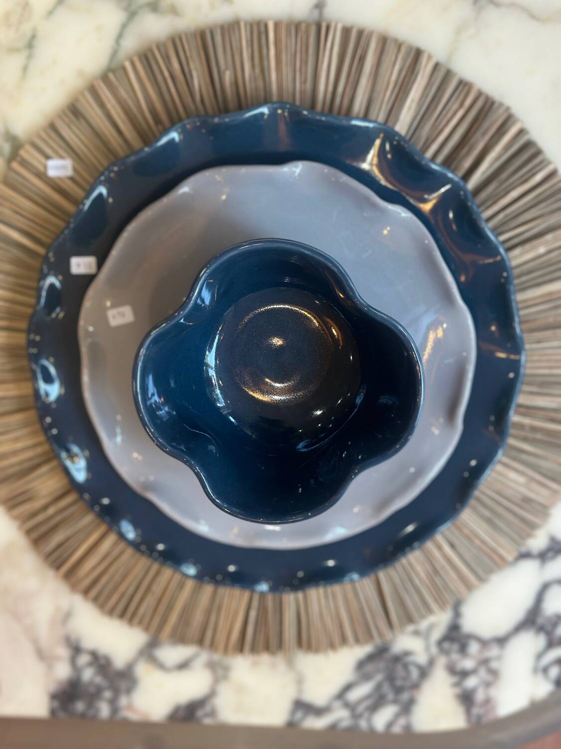 Handmade enameled ceramic bowl, pop clover flower, petrol blue