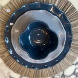 Handmade enameled ceramic bowl, pop clover flower, petrol blue