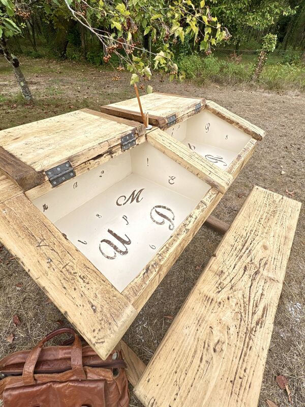 Bureau écolier double ancien avec banc - chêne restauré