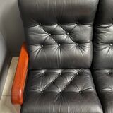 Teak and Black Leather 32 seat sofa by HS Denmark 1970s