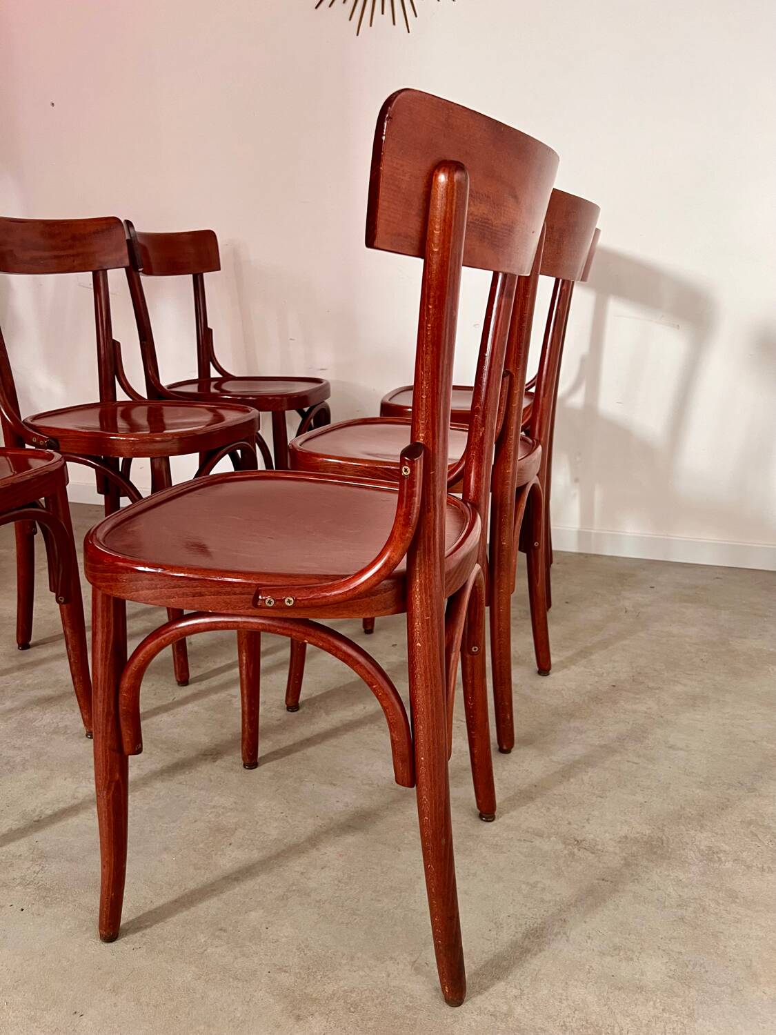 Set of 6 vintage 70s curved varnished wood bistro chairs