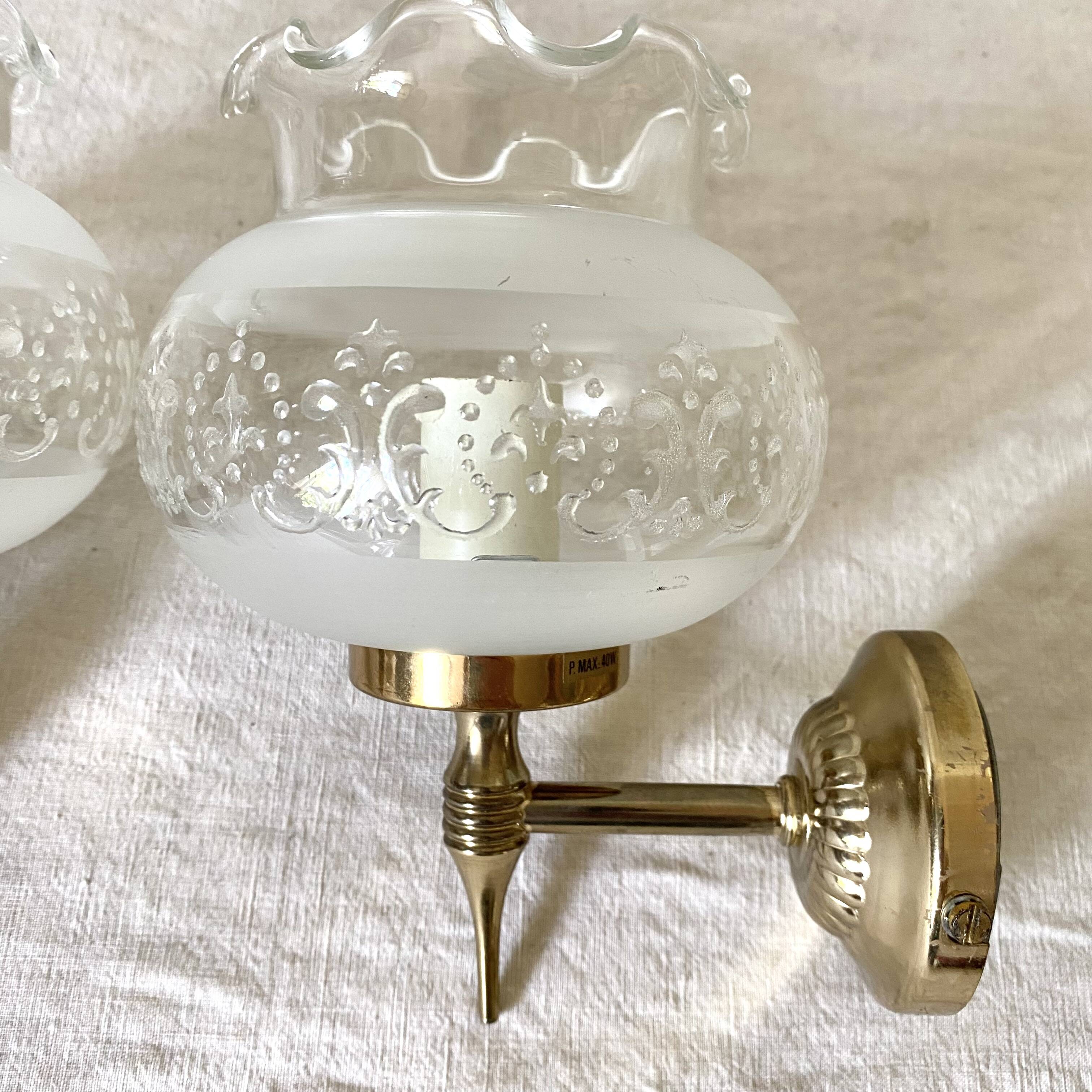 Pair of glass and brass wall lights