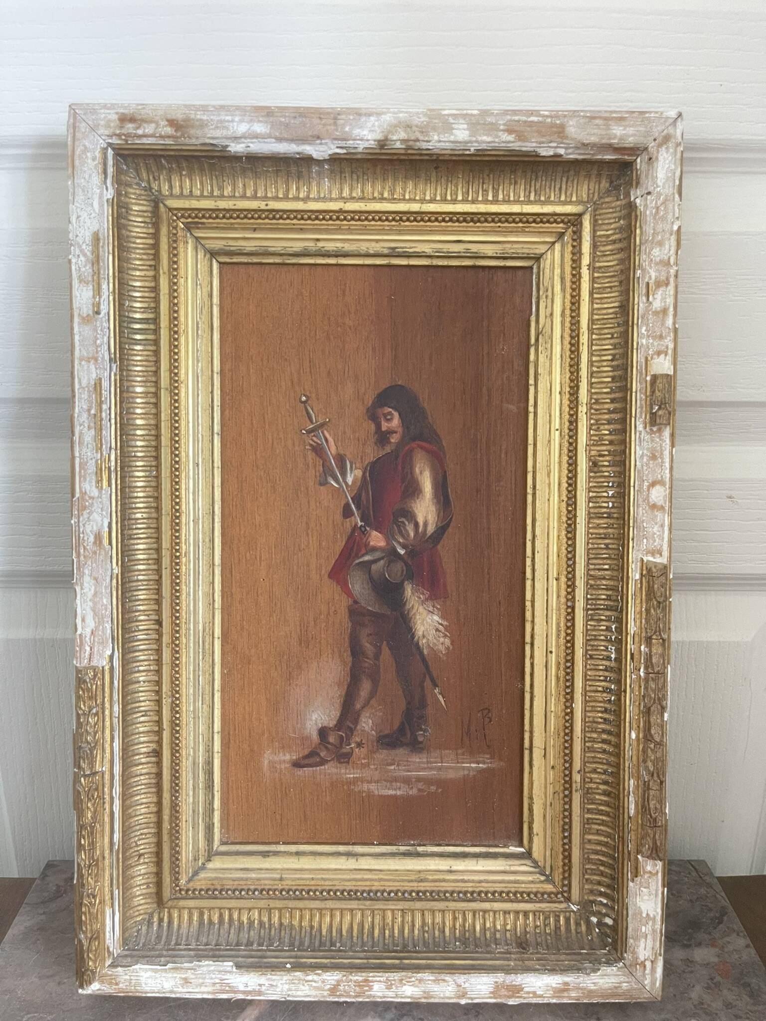 Antique Oil Wood Panel Framed Musketeer Signed 19th Century