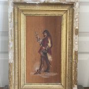 Antique Oil Wood Panel Framed Musketeer Signed 19th Century