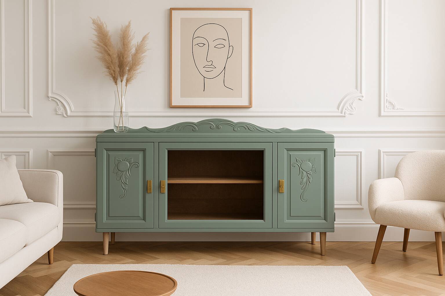 Renovated vintage sideboard with khaki paint – Haussmann chic & bohemian style