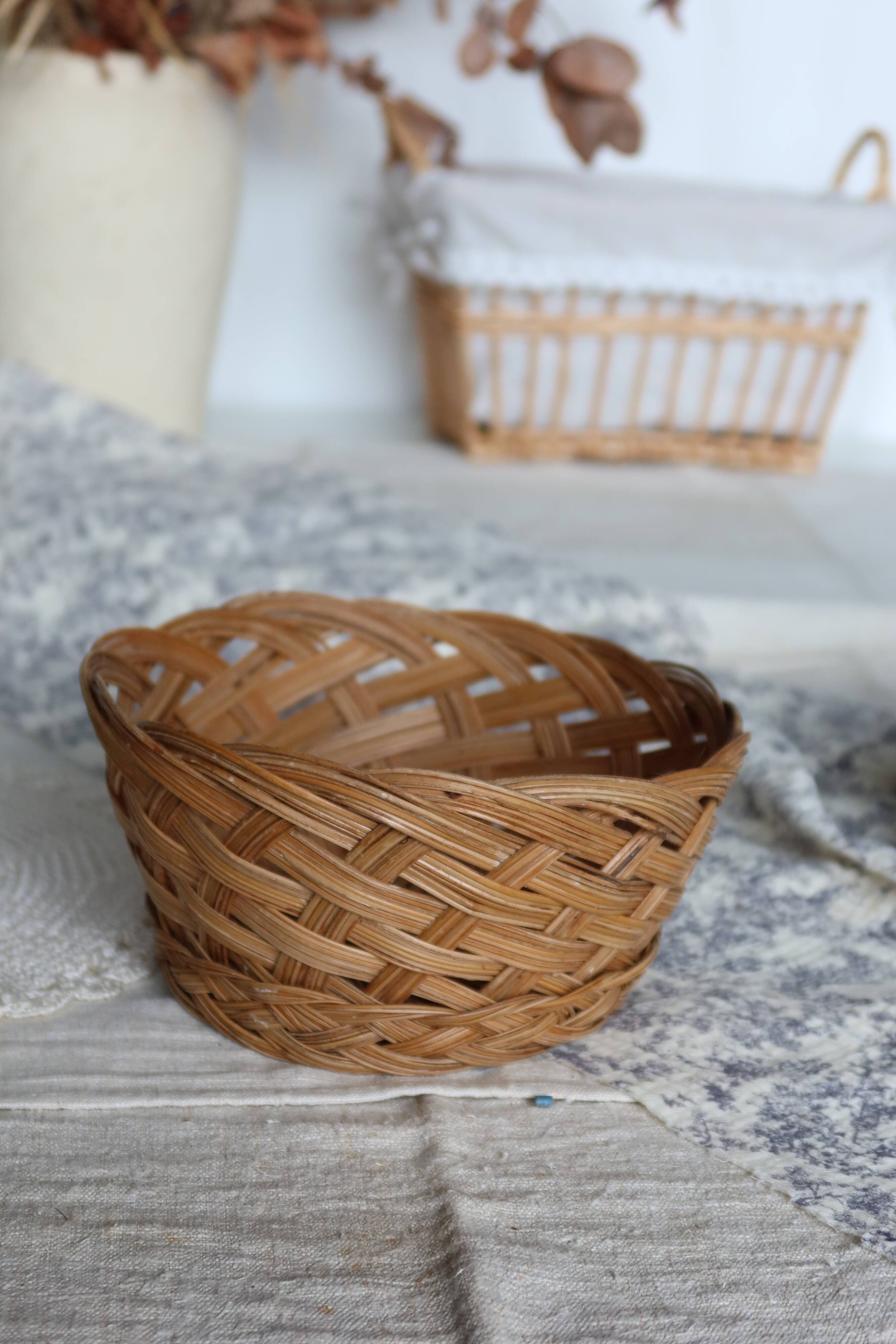 Vintage Round Natural Wicker Basket - Rustic Cross Weave