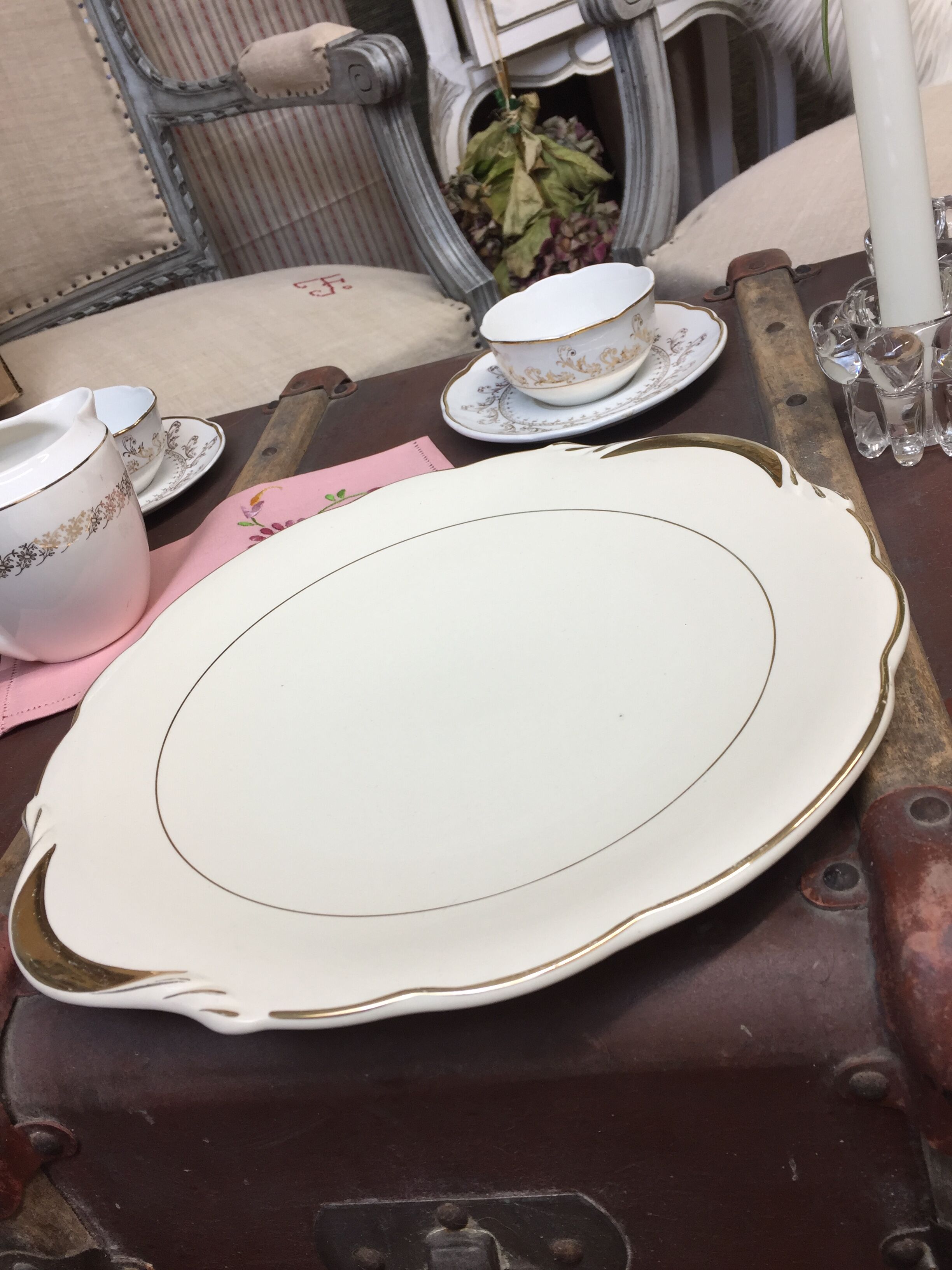 Antique round dish with handles, ivory and gold colored porcelain, made in France Sarreguemines Digoin