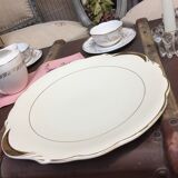 Plat rond ancien avec anses, porcelaine couleur ivoire et or, made in France Sarreguemines Digoin