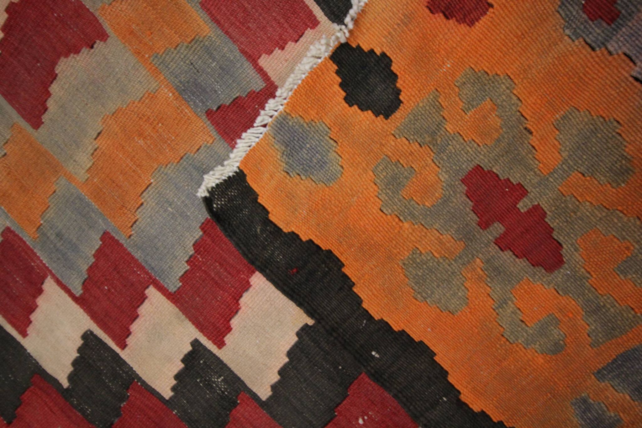 Vintage Red Orange  Kilim Rug 1980s Wool Tribal Flatweave 287 x 150 cm