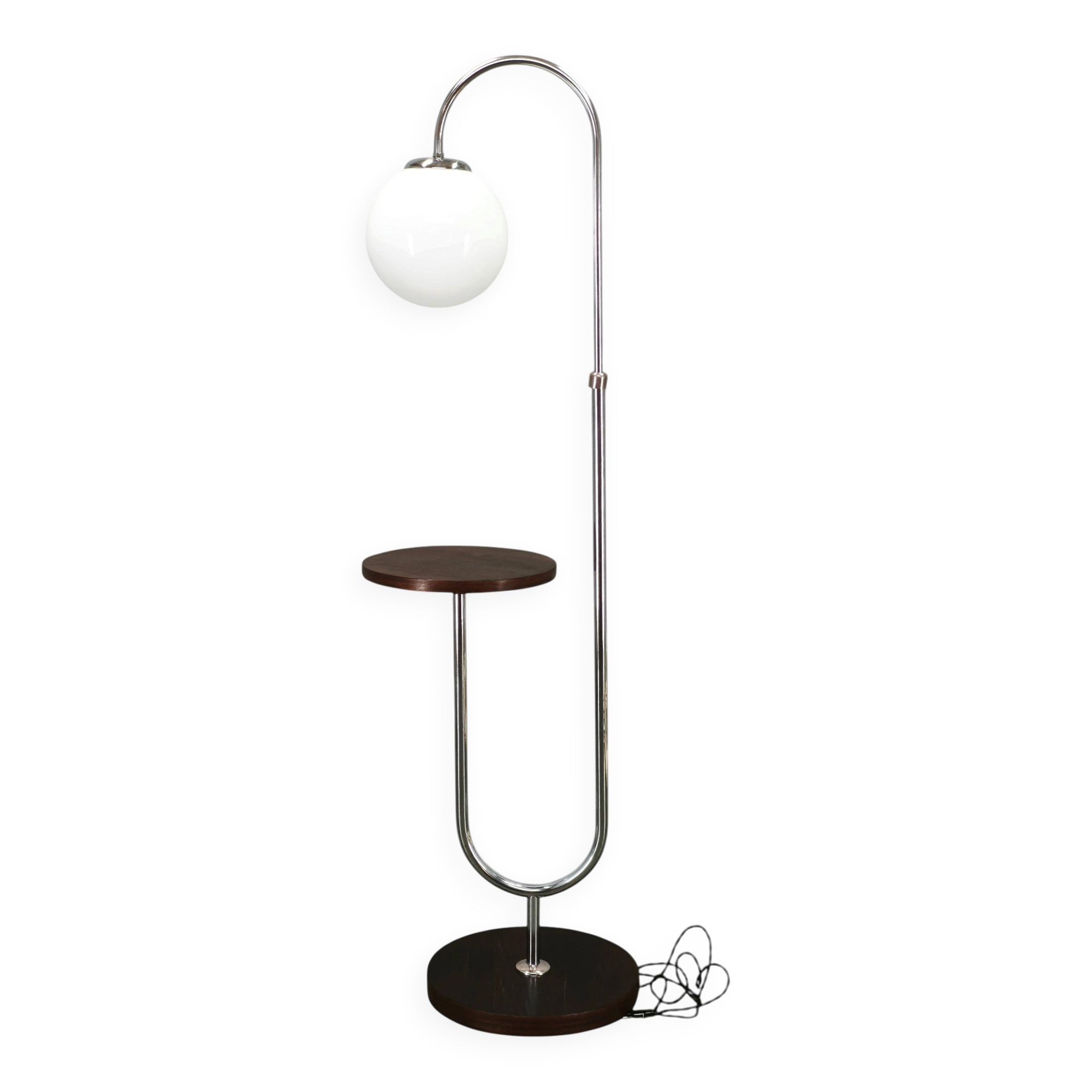 1940s Art Deco Chrome Floor Lamp with Opaline Globe and Side Table