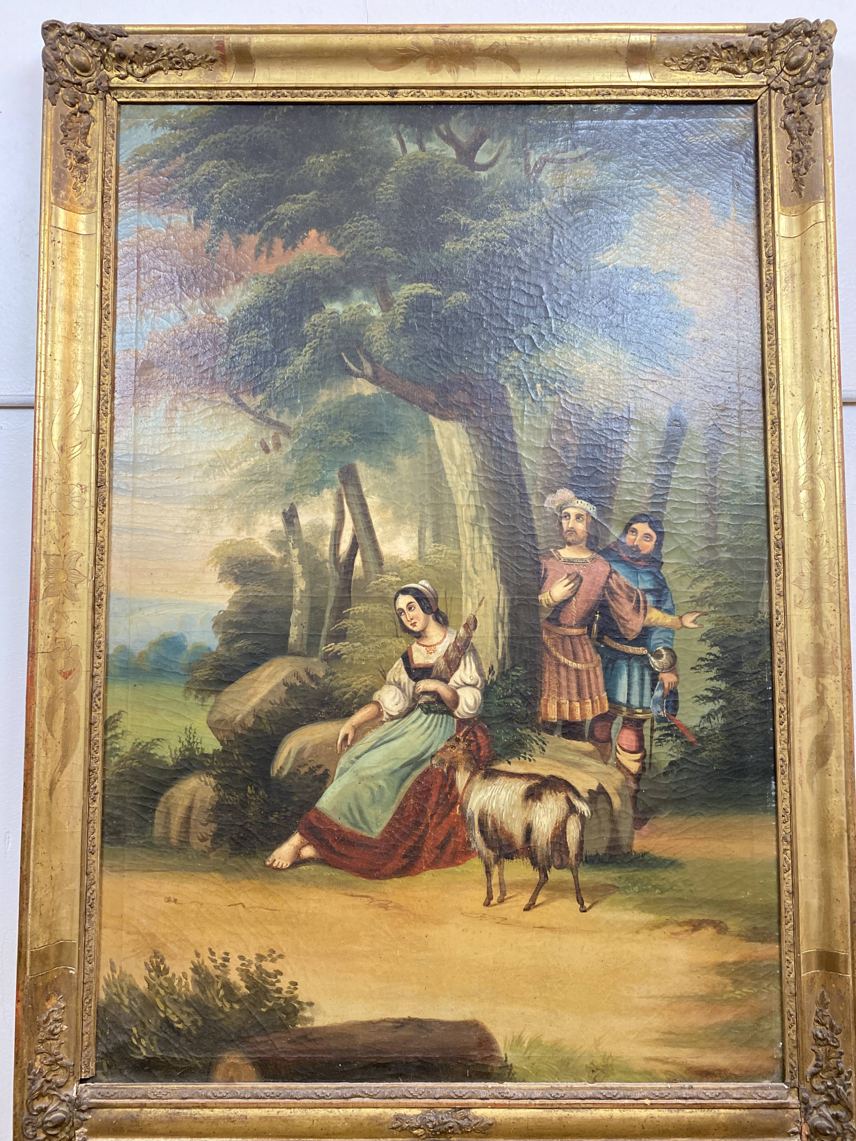 19th century gilded wooden trumeau with romantic scene - 69cm x 140cm