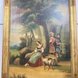 19th century gilded wooden trumeau with romantic scene - 69cm x 140cm