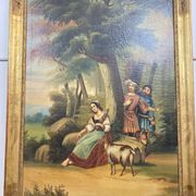 19th century gilded wooden trumeau with romantic scene - 69cm x 140cm