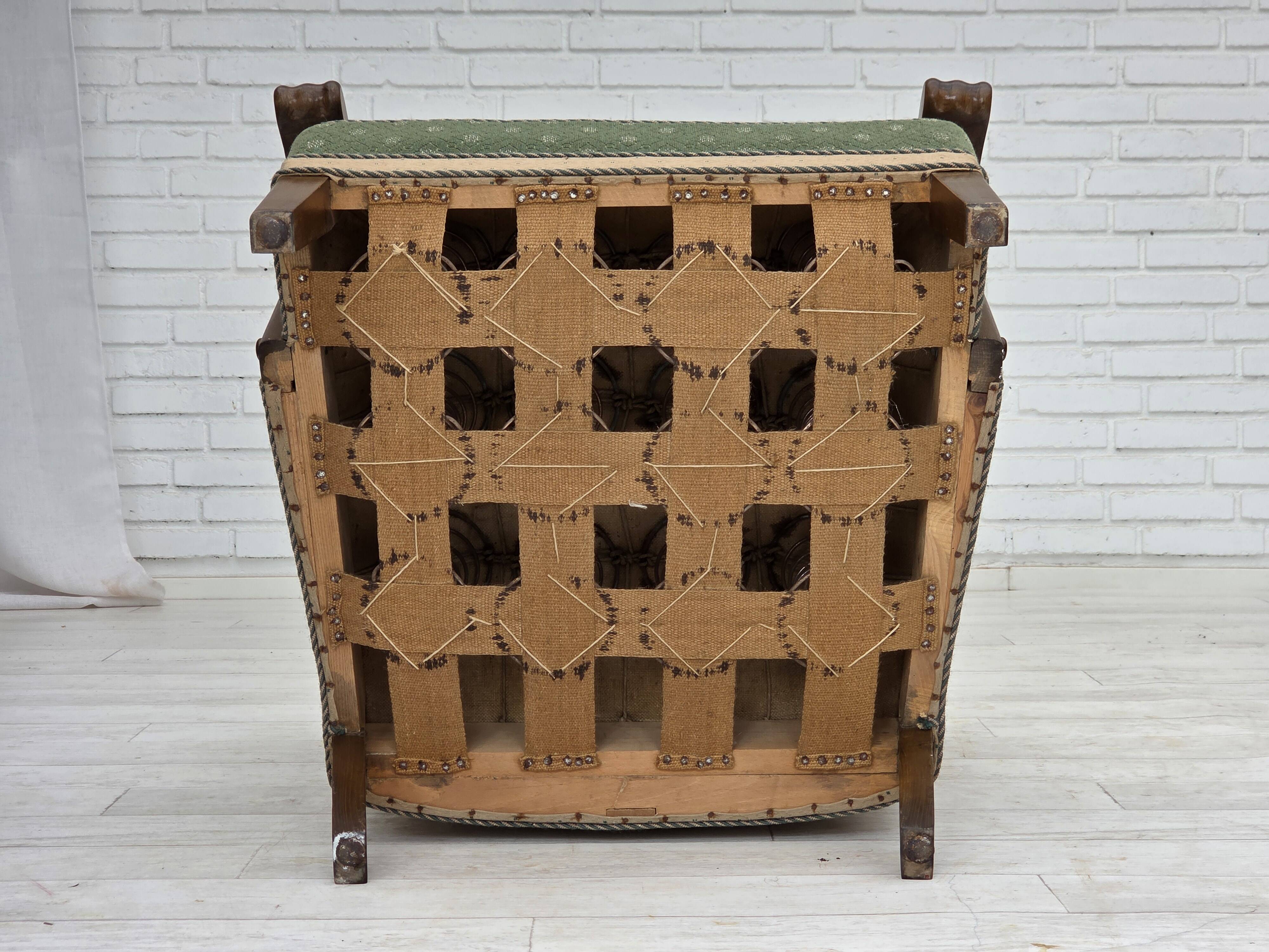 1950s, Danish armchair, original green/beige furniture wool, oak wood.