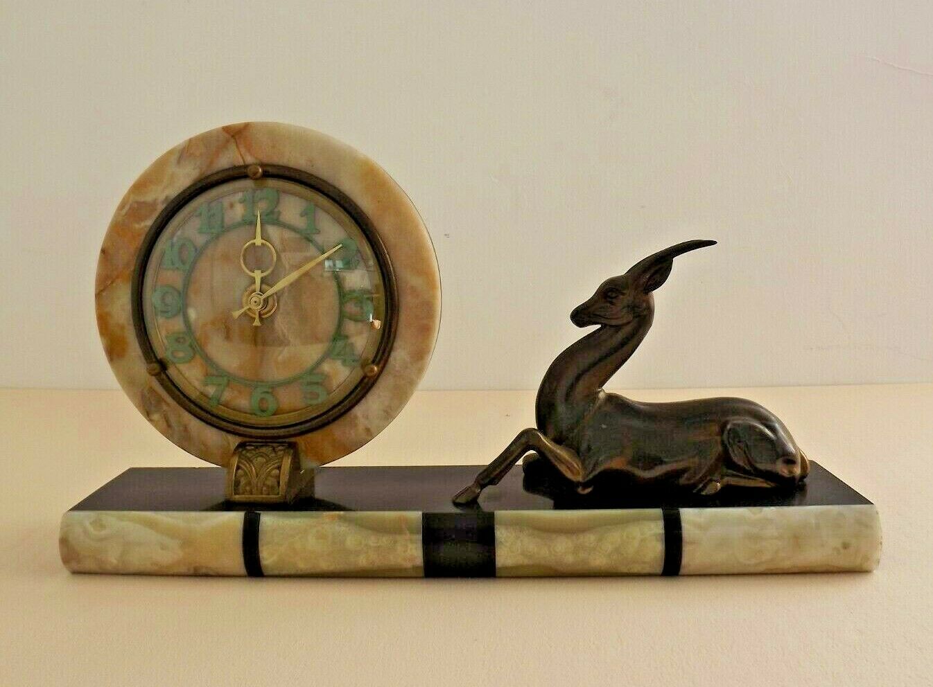 French Art Deco Clock Marble Onyx & Brass With A Bronzed Spelter Gazelle