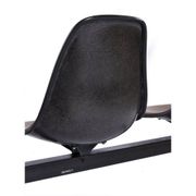 Tandem bench with brown Naugahyde pad shell chairs by Charles and Ray Eames for Herman Miller