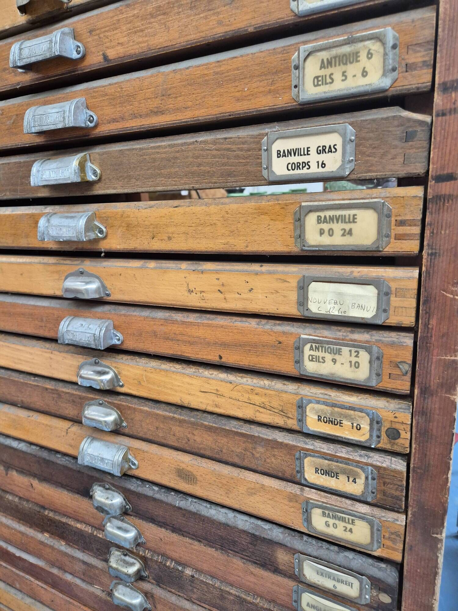 Wooden printing cabinet 36 drawers with typographic letters