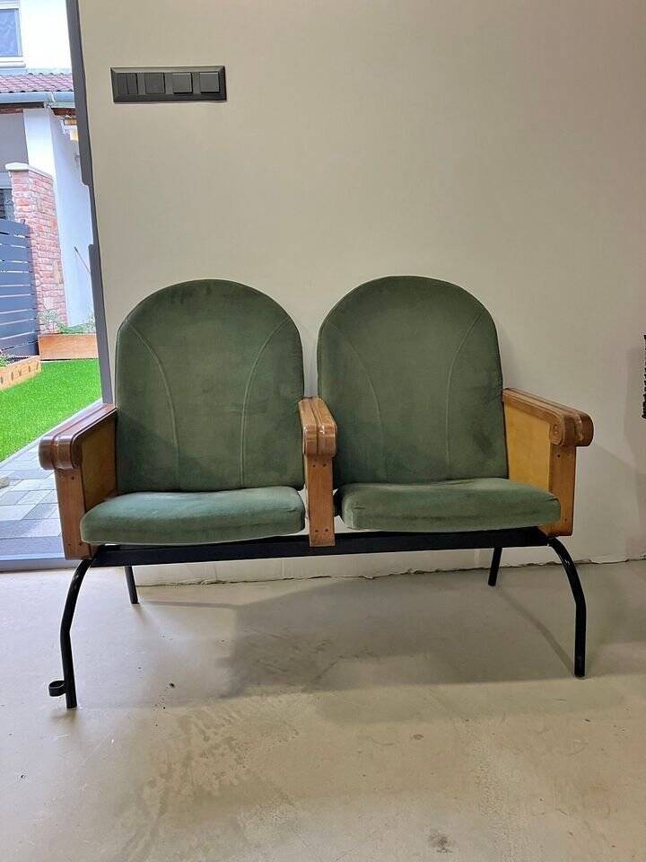 Forest green cinema double seat in oak and metal - 2 places, 1970s vintage design