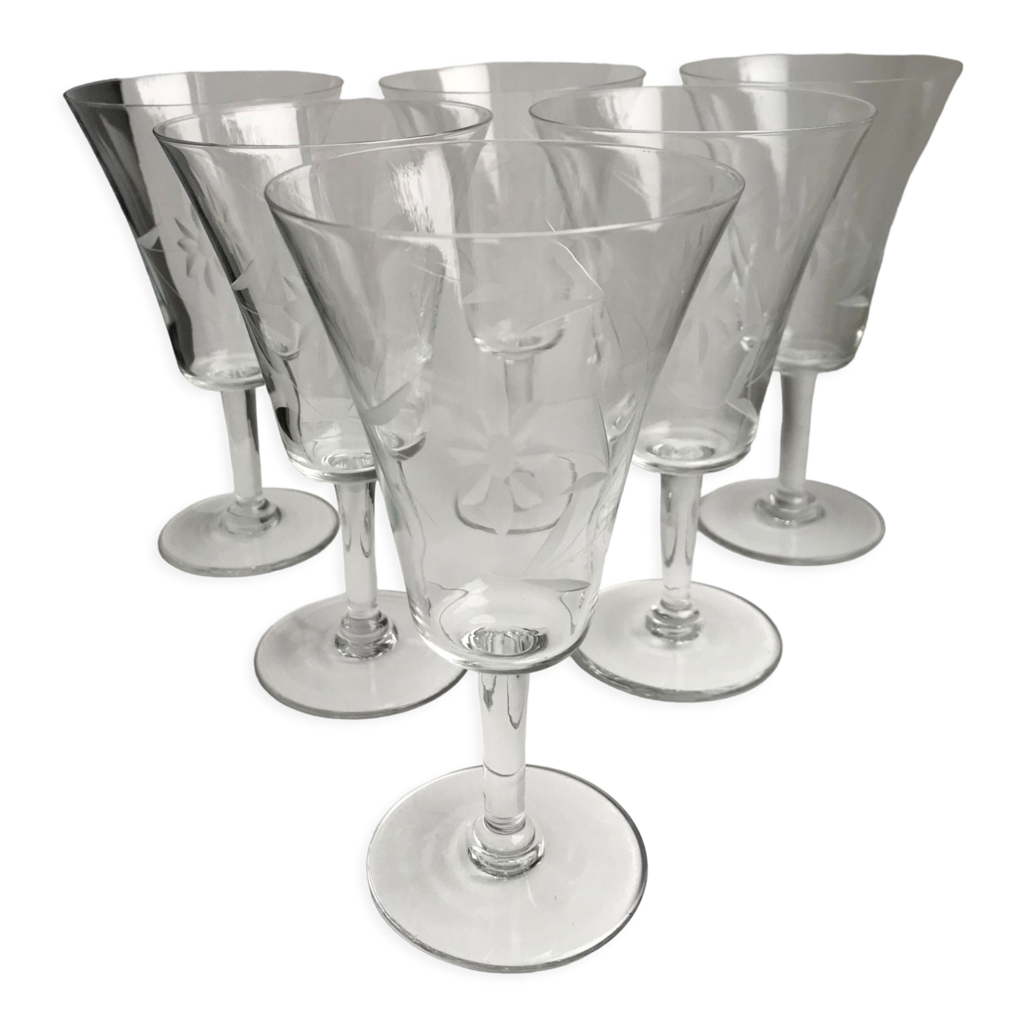 Set of 6 glasses of wine, water crystal engraved years 50-60